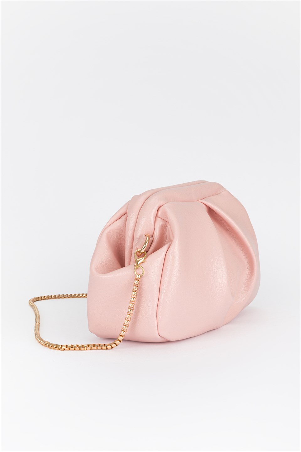 Pile Detaylı Zincir Askılı Clutch Çanta Toz Pembe