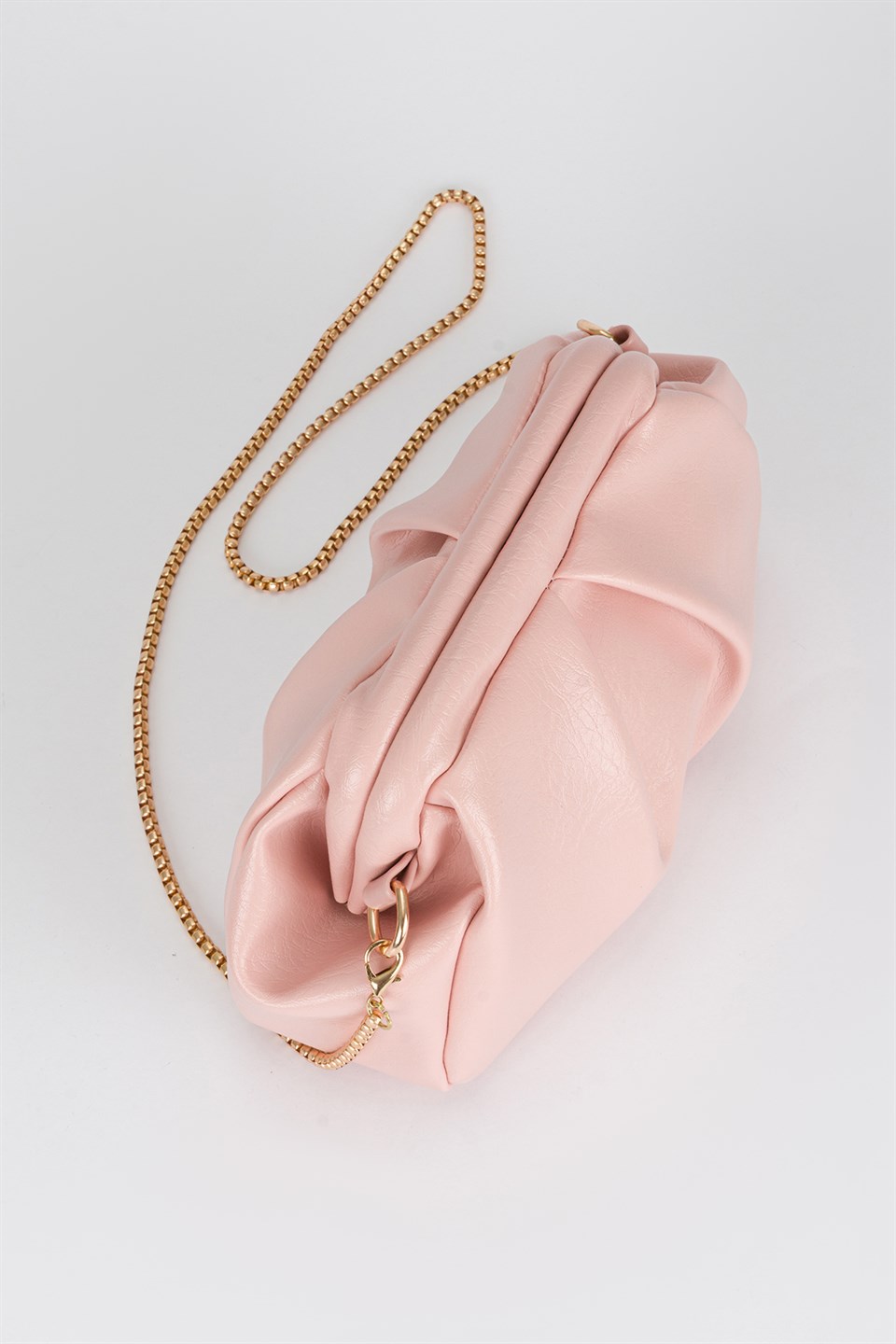 Pile Detaylı Zincir Askılı Clutch Çanta Toz Pembe
