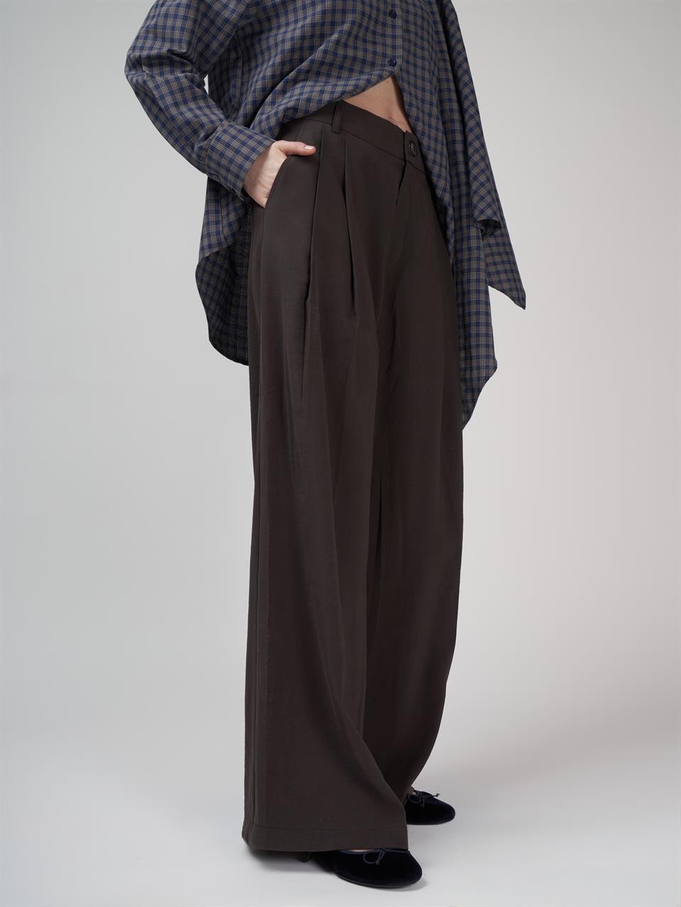 Pileli Bol Paça Modal Pantolon Kahve