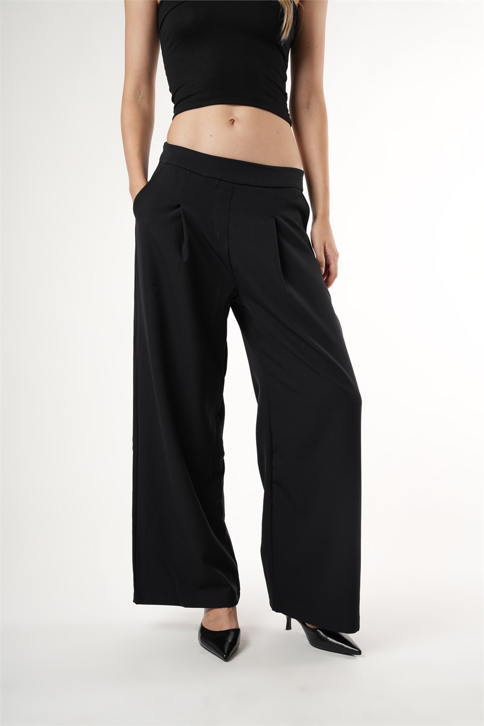 Pileli Bol Paça Pantolon Siyah