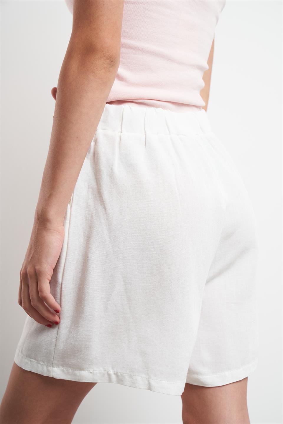 Pileli Keten Şort Ekru
