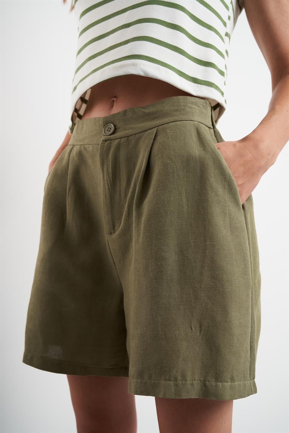 Pileli Keten Şort Haki