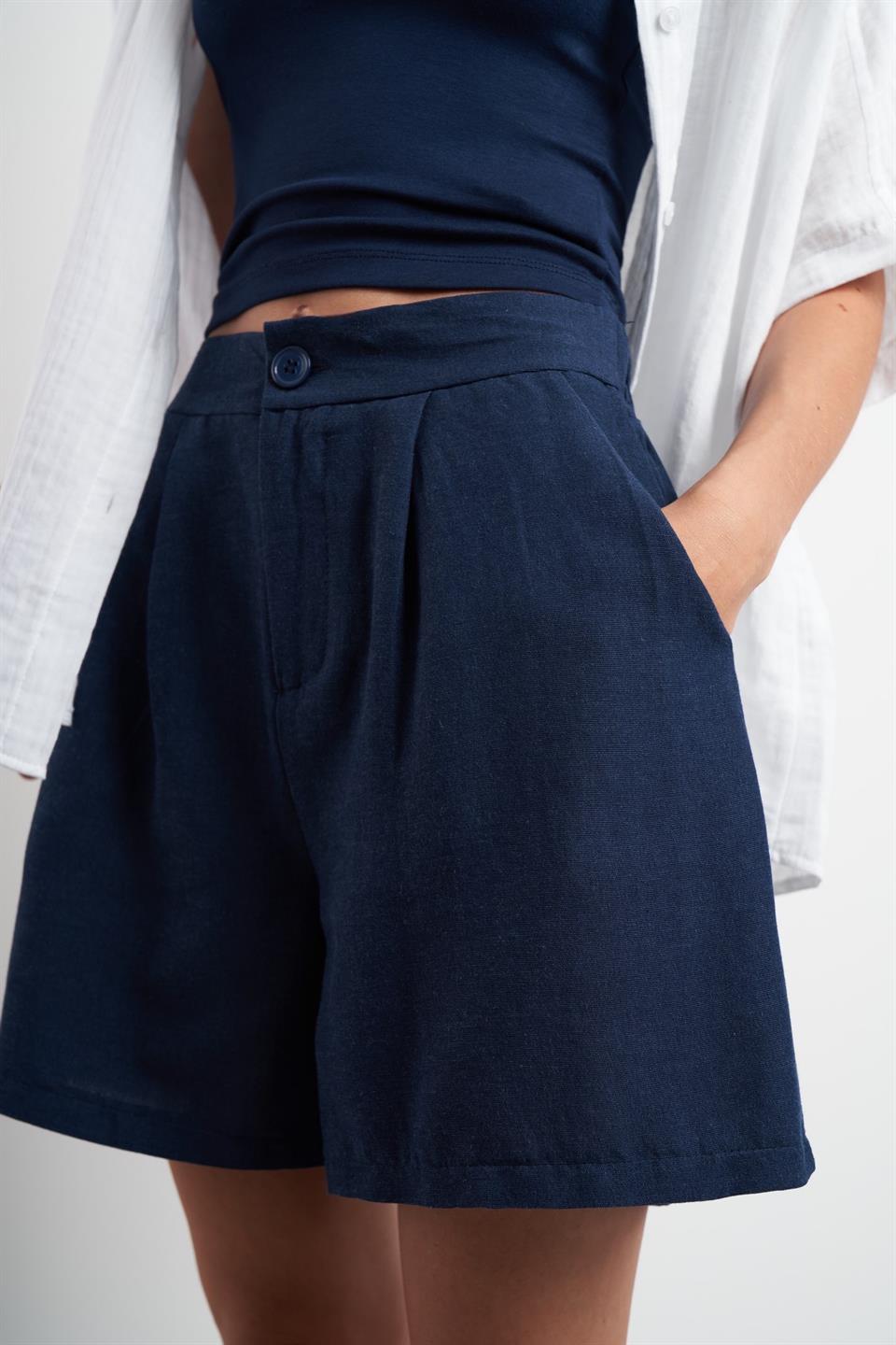 Pileli Keten Şort Lacivert