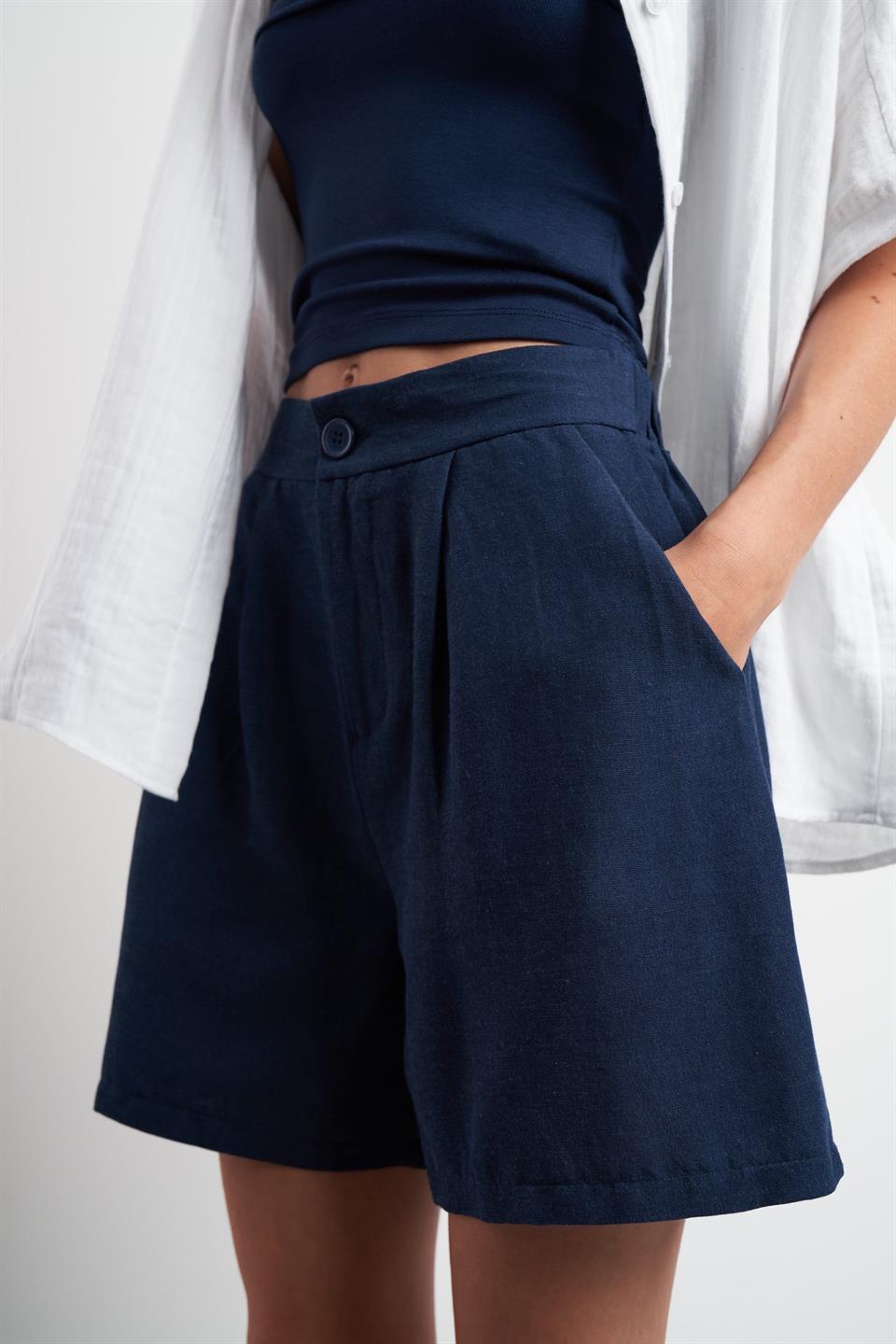 Pileli Keten Şort Lacivert