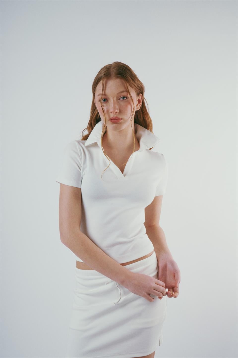 Polo Yaka Kısa Kol Bluz Ekru