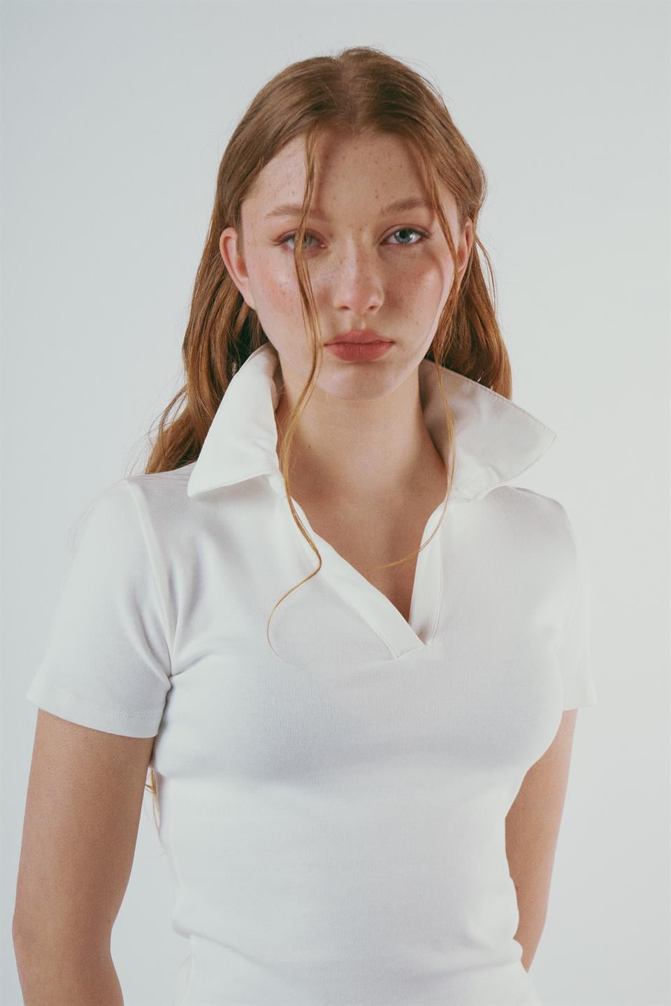 Polo Yaka Kısa Kol Bluz Ekru