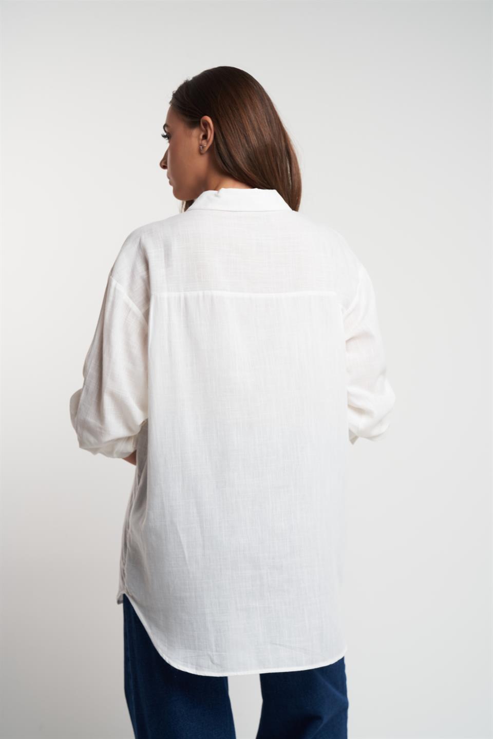 Düz Flamlı Uzun Kol Gömlek Ekru