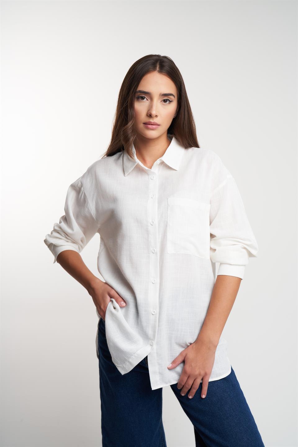 Düz Flamlı Uzun Kol Gömlek Ekru