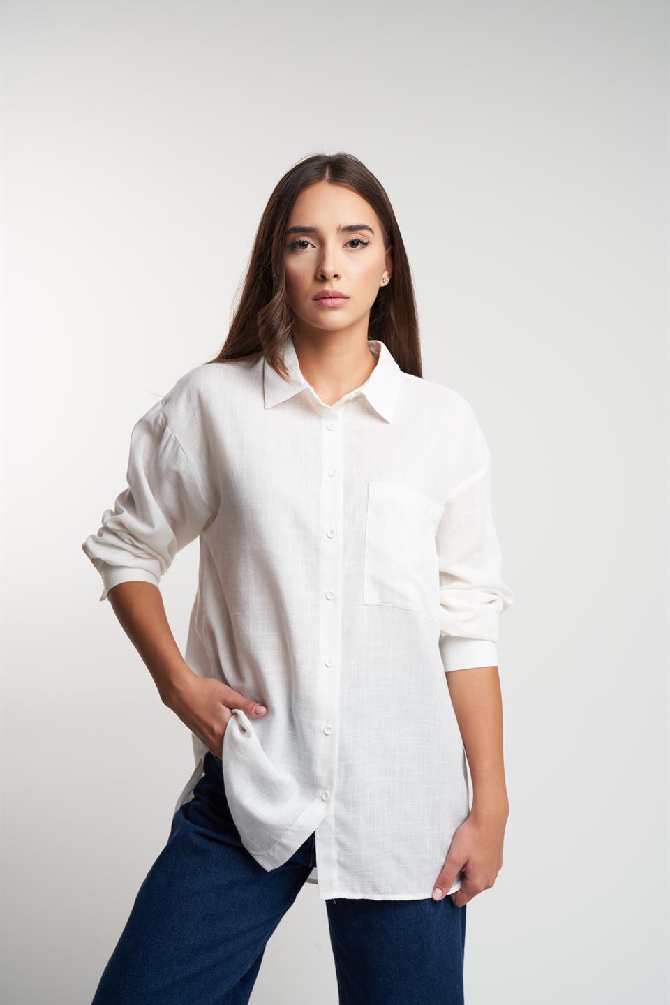 Düz Flamlı Uzun Kol Gömlek Ekru