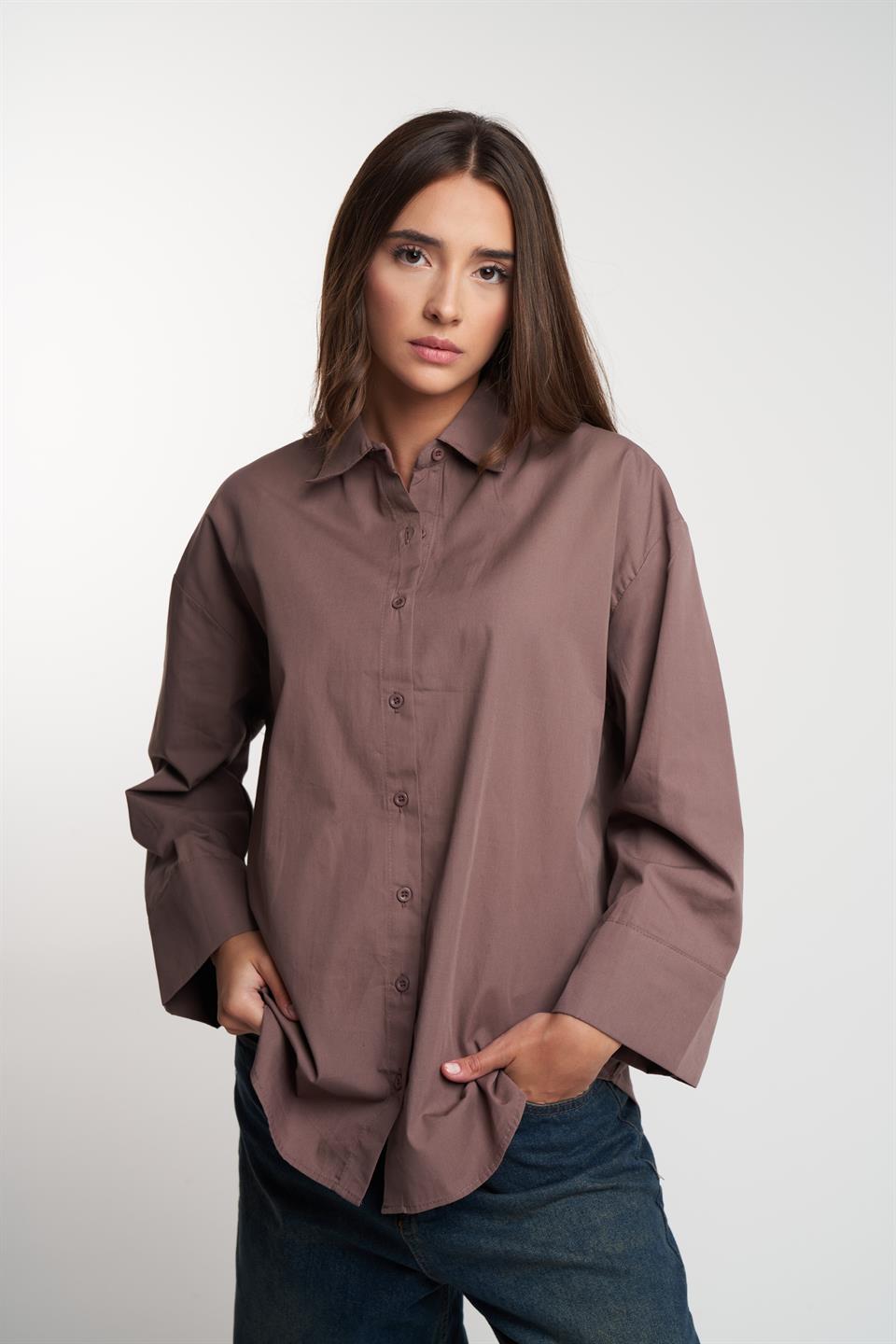 Poplin Kumaş Uzun Kol Gömlek Vizon