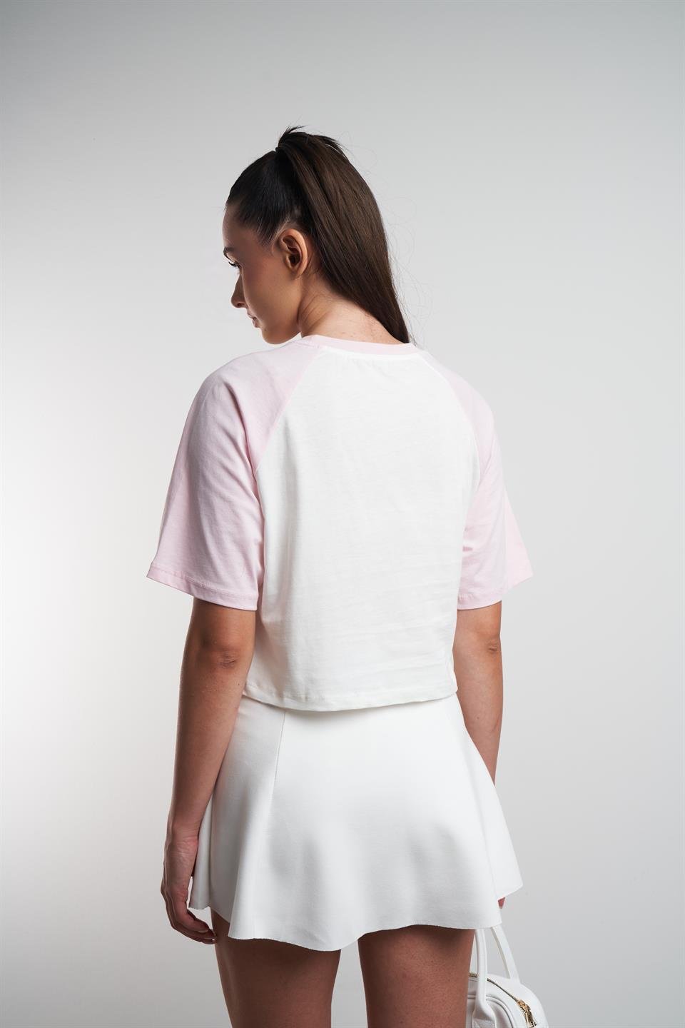 San Diego Baskılı Kısa Kol Bluz Ekru-Pembe