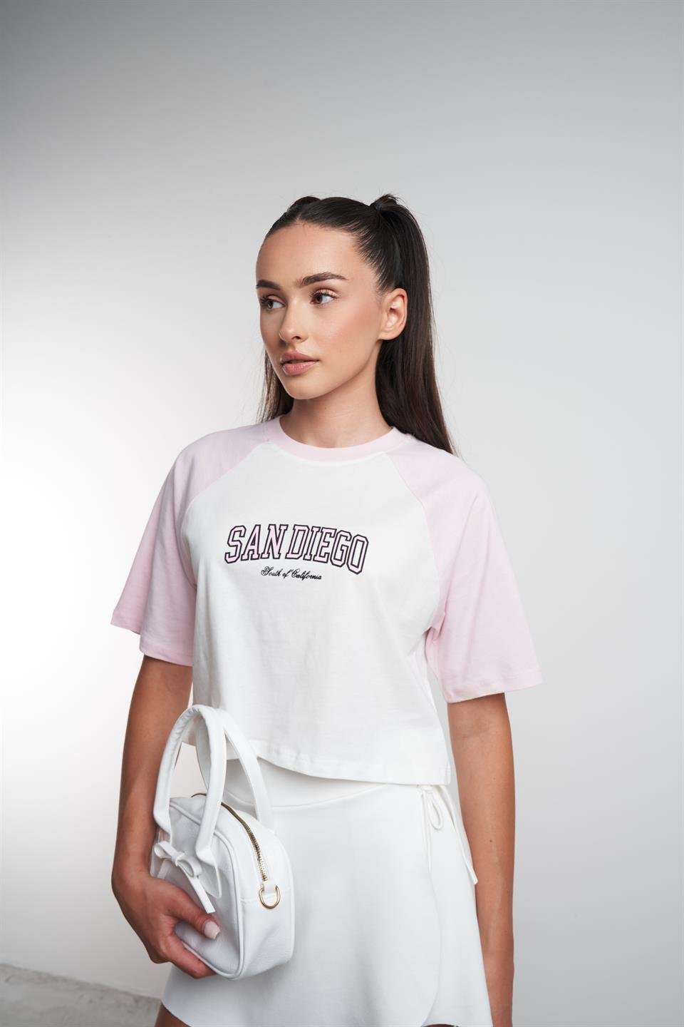 San Diego Baskılı Kısa Kol Bluz Ekru-Pembe