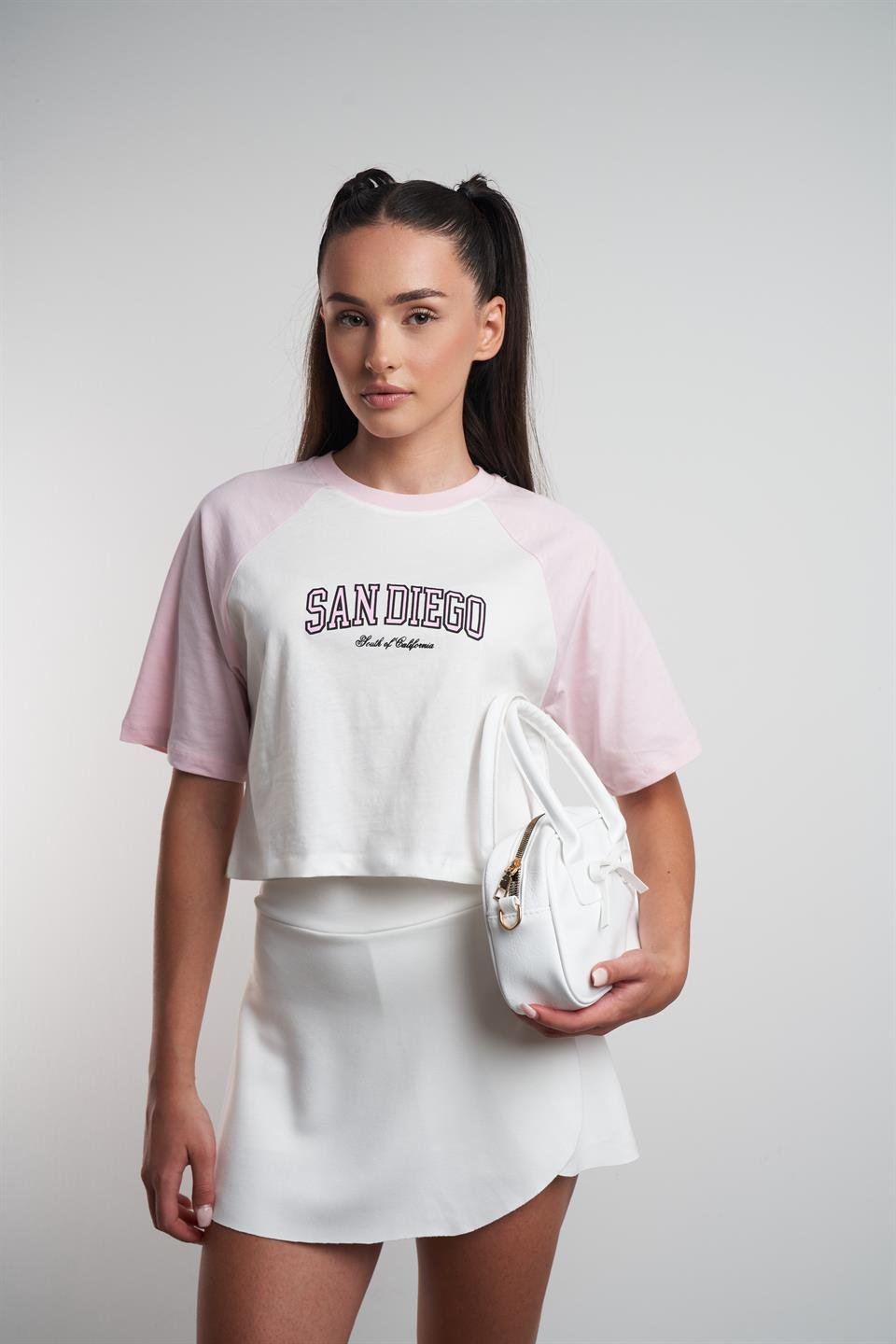 San Diego Baskılı Kısa Kol Bluz Ekru-Pembe