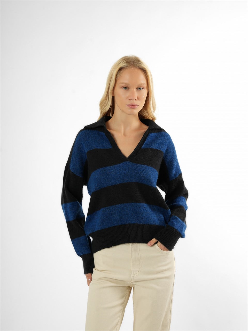 Şerit Çizgili Uzun Kol Triko Lacivert-Sax