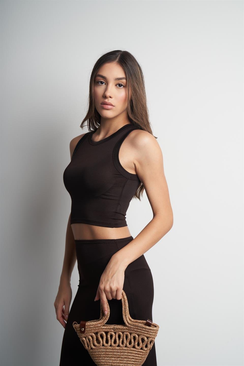 Sıfır Kol Crop Bluz Kahve