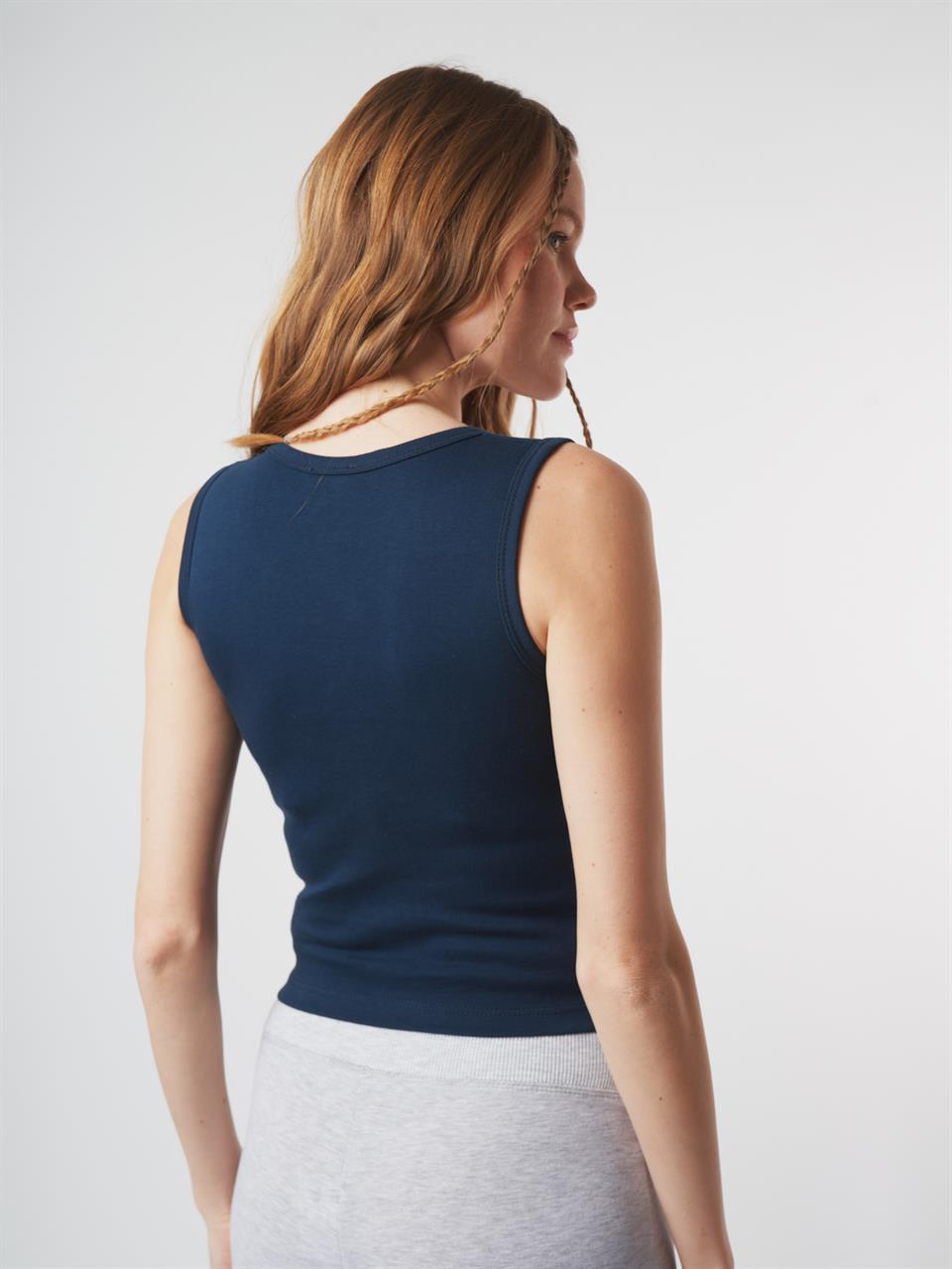 Sıfır Kol Crop Bluz Lacivert