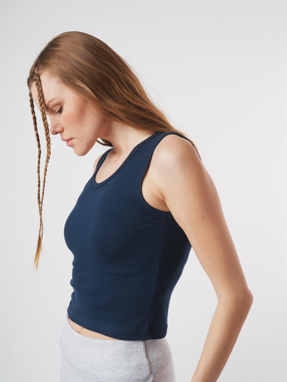 Sıfır Kol Crop Bluz Lacivert