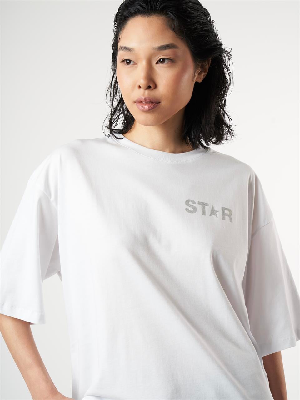 Star Baskılı Kısa Kol Oversize T-shirt Beyaz