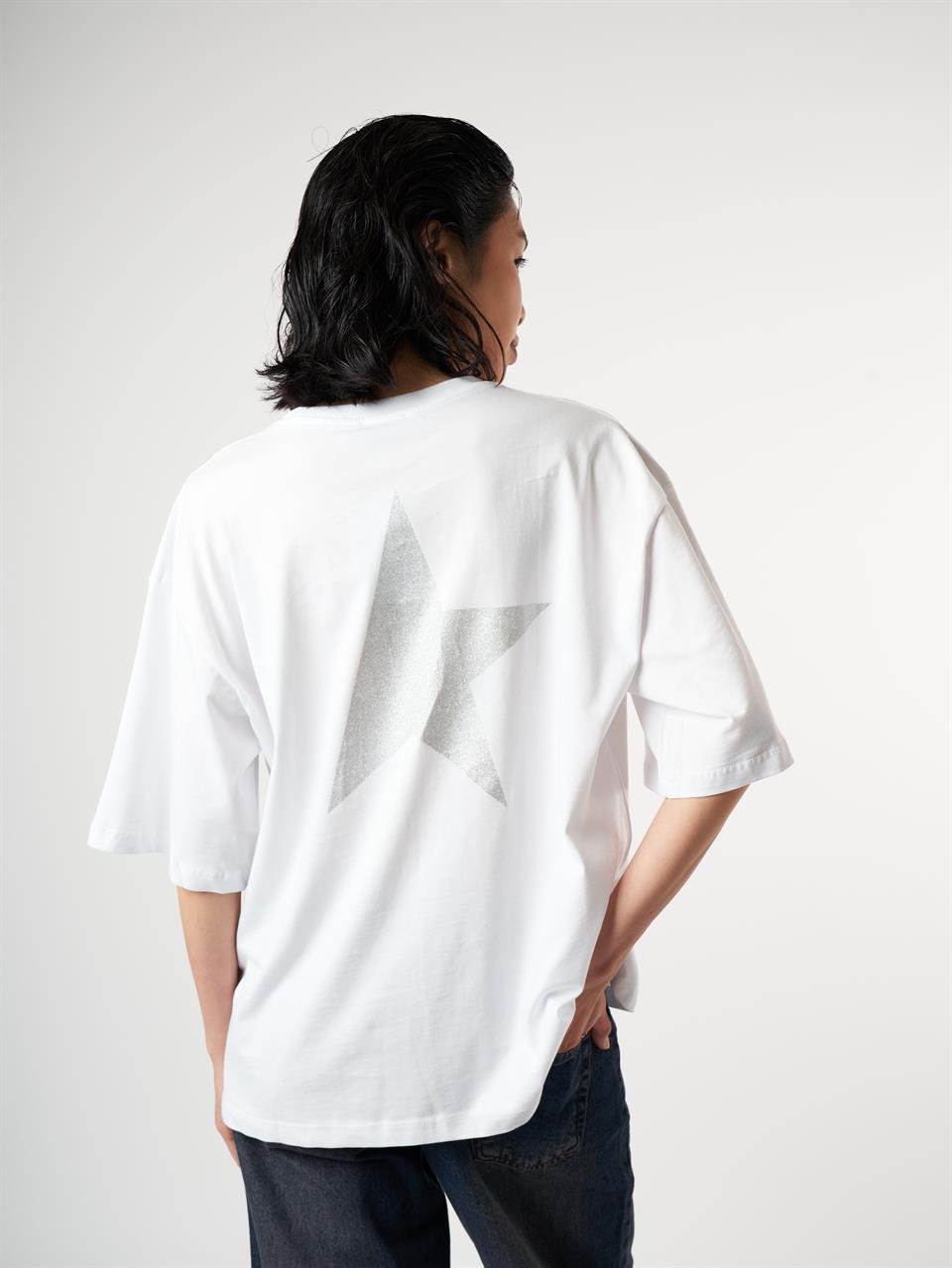 Star Baskılı Kısa Kol Oversize T-shirt Beyaz
