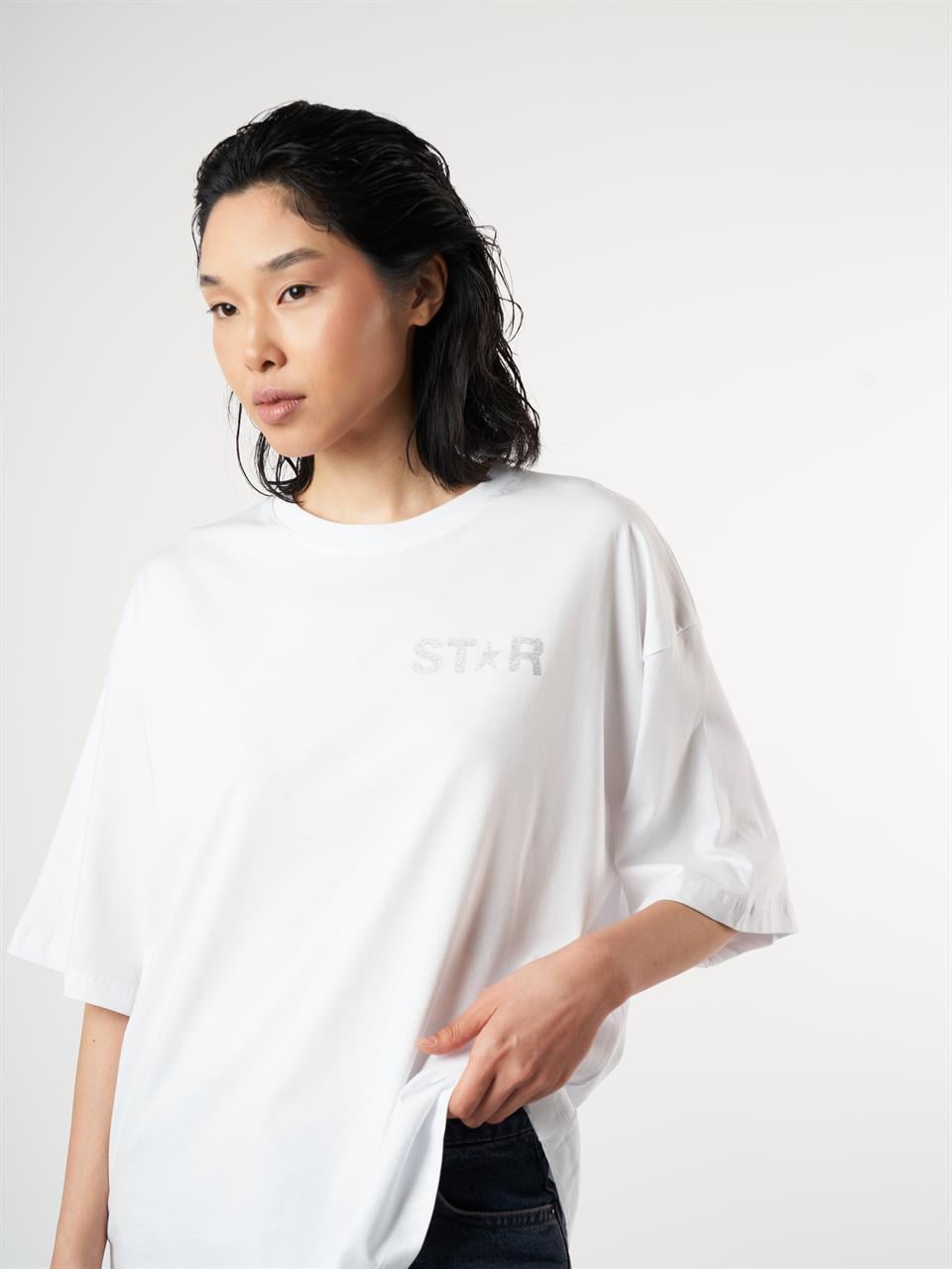 Star Baskılı Kısa Kol Oversize T-shirt Beyaz