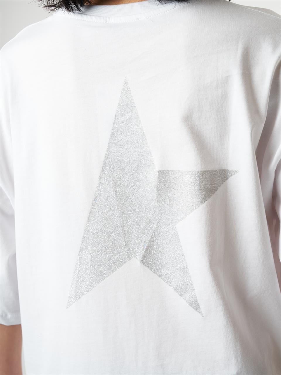 Star Baskılı Kısa Kol Oversize T-shirt Beyaz