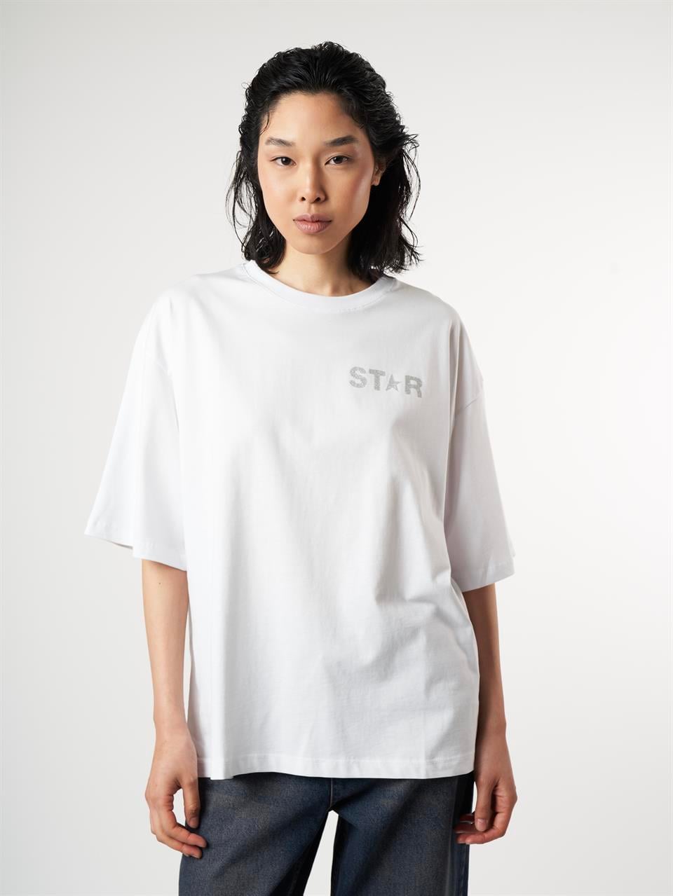 Star Baskılı Kısa Kol Oversize T-shirt Beyaz