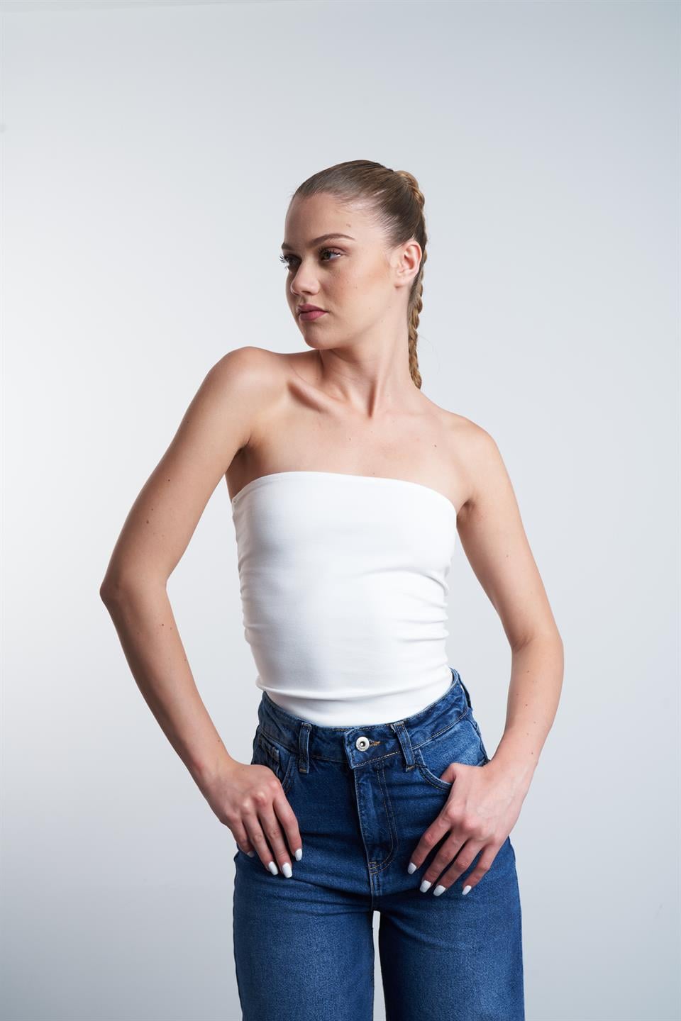 Straplez Bluz Beyaz