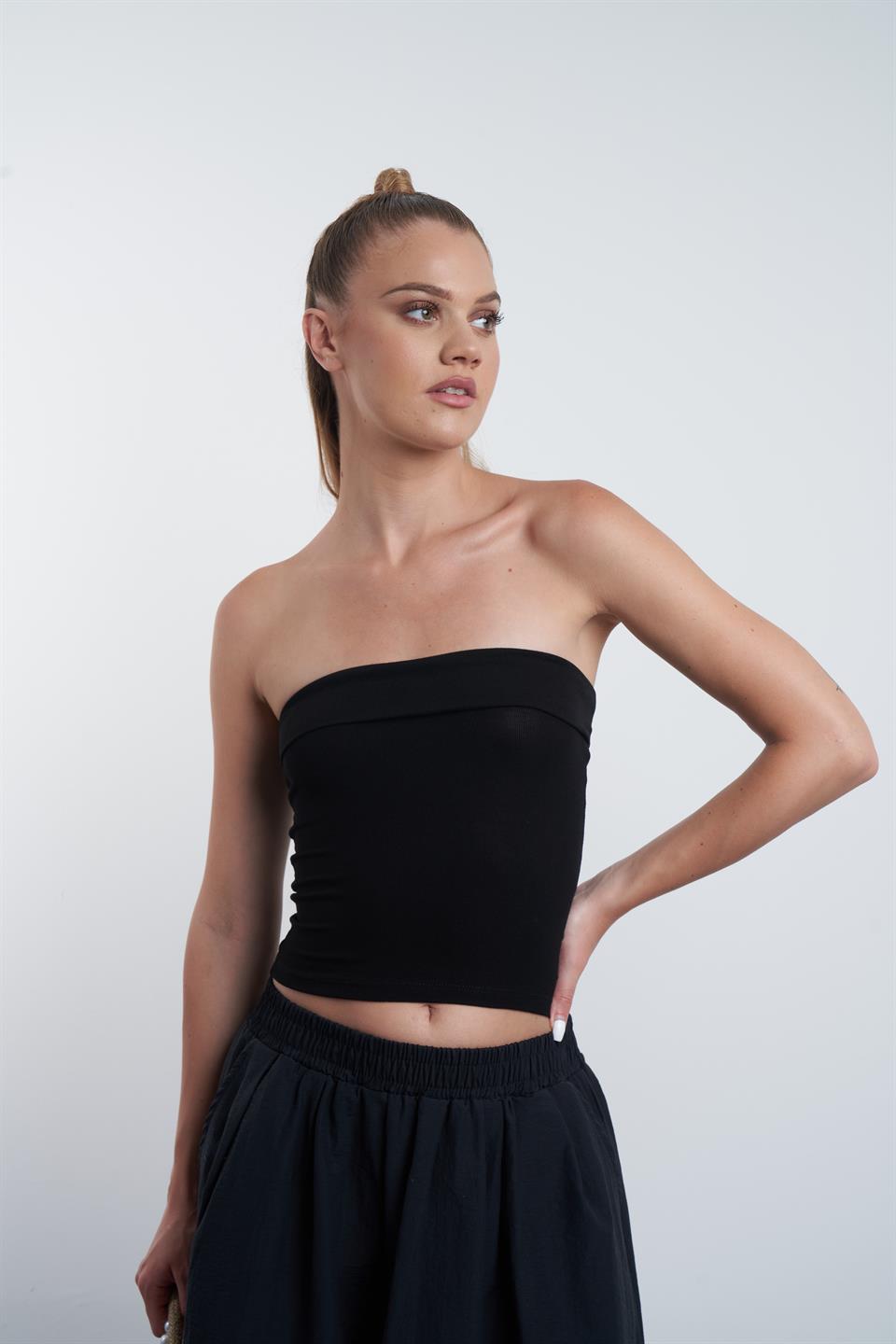 Straplez Bluz Siyah