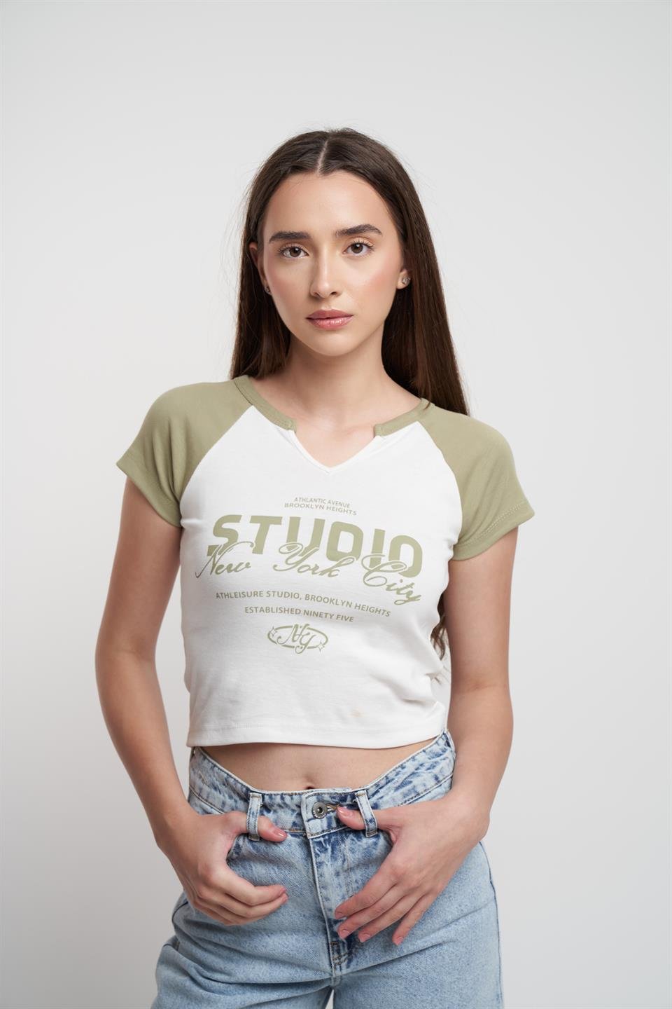 Studio Baskılı Ribana Kısa Kol Bluz Haki-Ekru