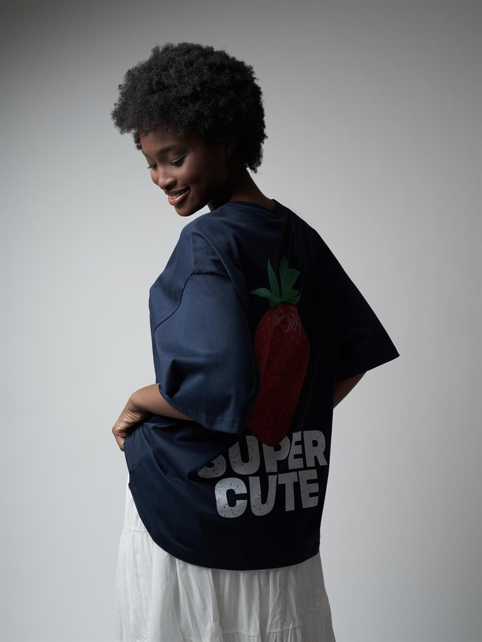 Baskılı Oversize Kısa Kol T-shirt Lacivert