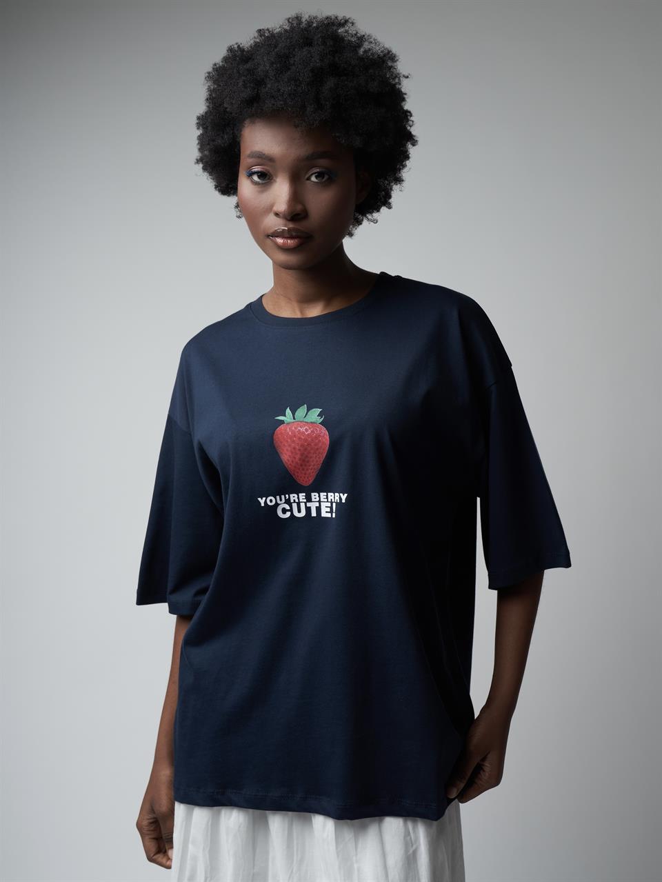 Baskılı Oversize Kısa Kol T-shirt Lacivert