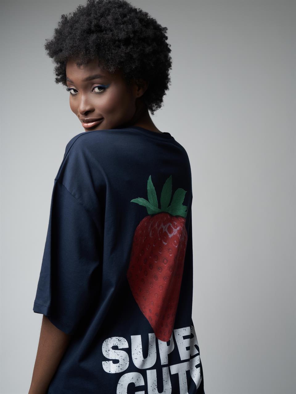 Baskılı Oversize Kısa Kol T-shirt Lacivert