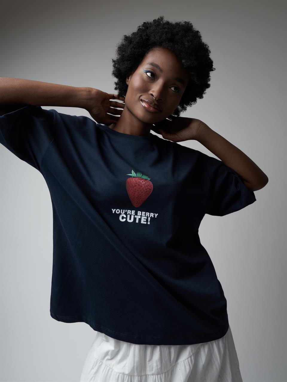 Baskılı Oversize Kısa Kol T-shirt Lacivert