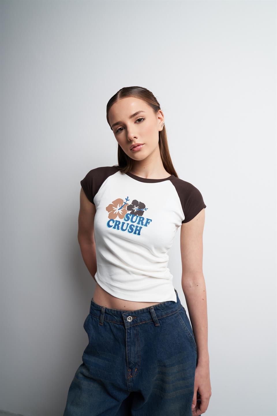 Surf Crush Baskılı Bluz Ekru-Kahve