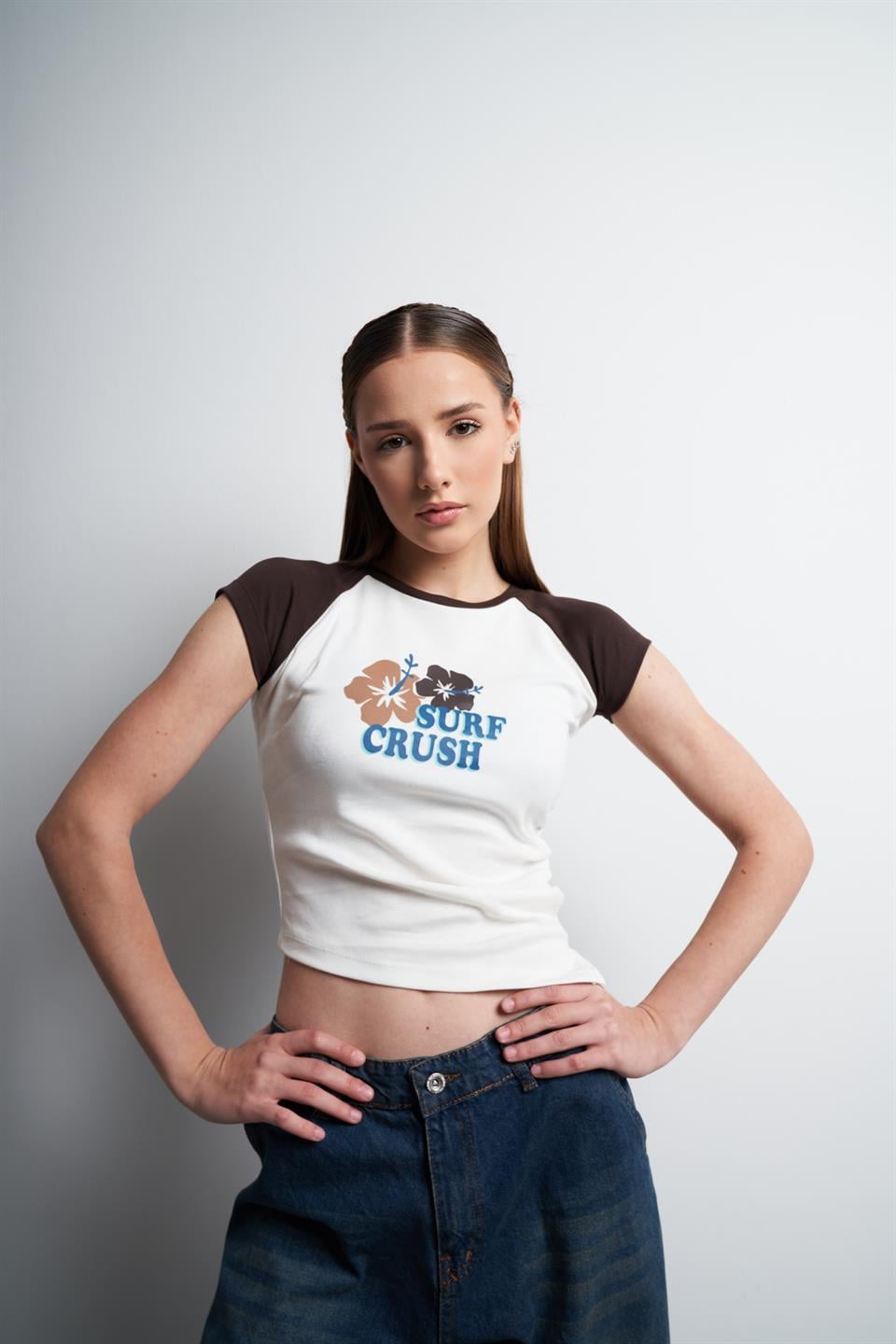 Surf Crush Baskılı Bluz Ekru-Kahve