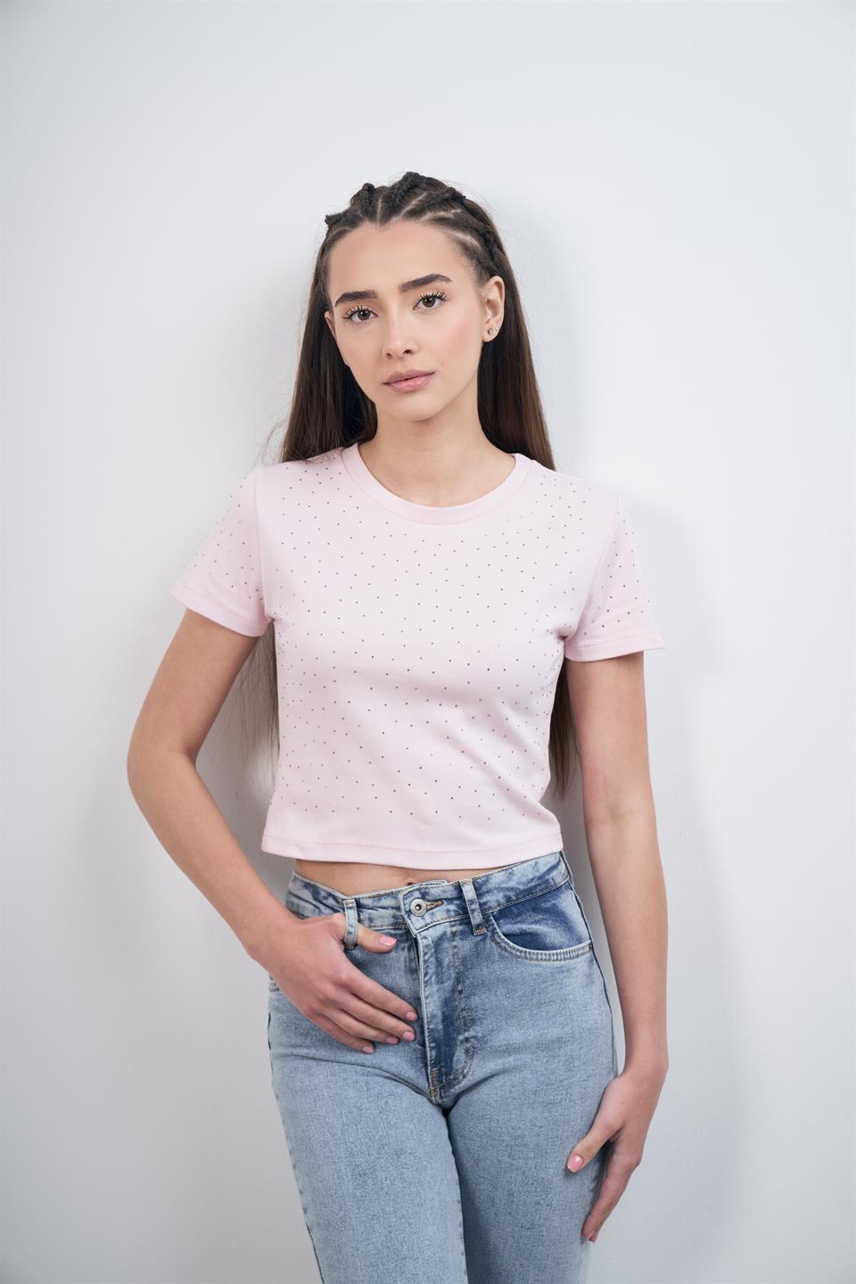 Taş Detaylı Kısa Kol Bluz Toz Pembe