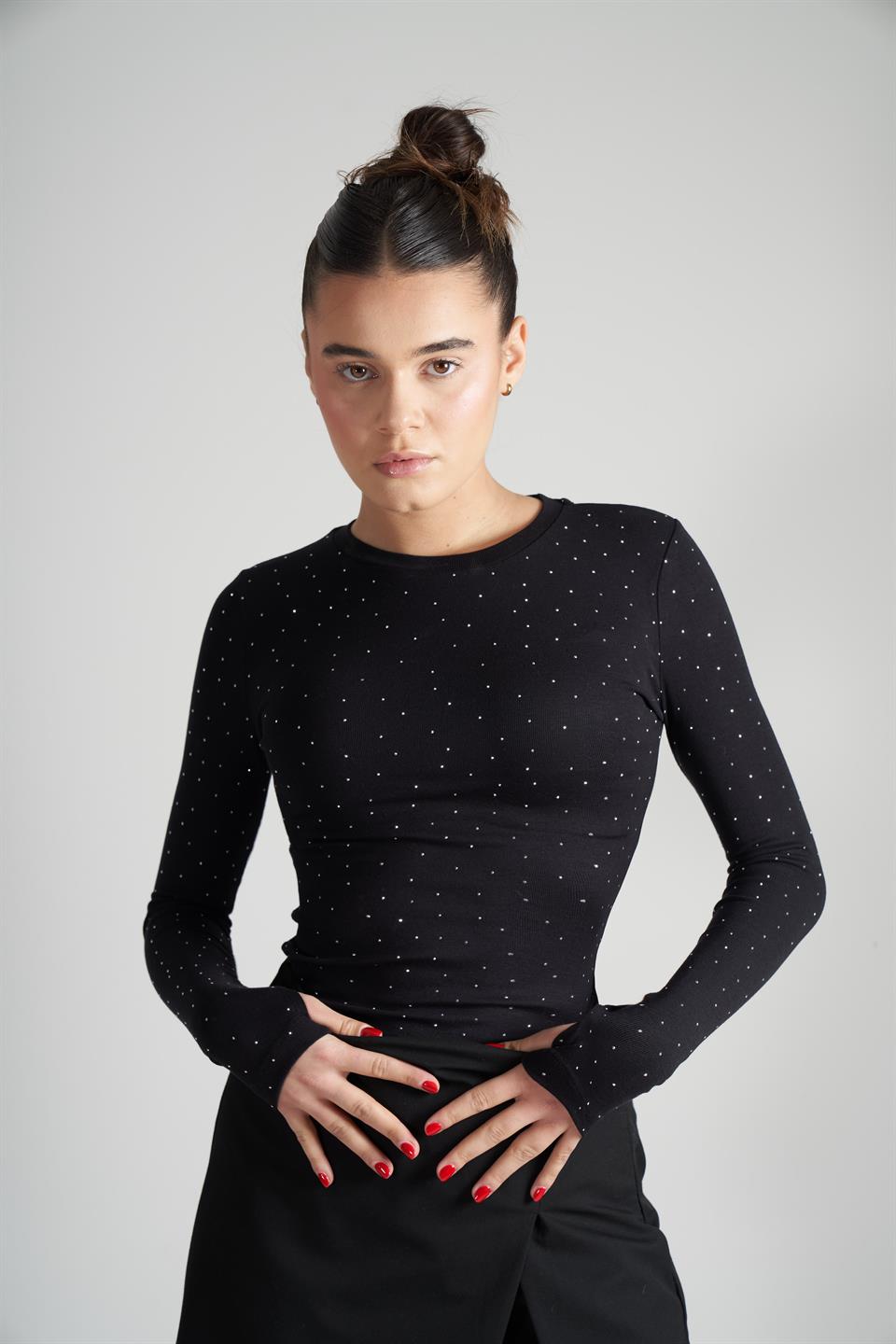 Taş Detaylı Uzun Kol Ribana Bluz Siyah