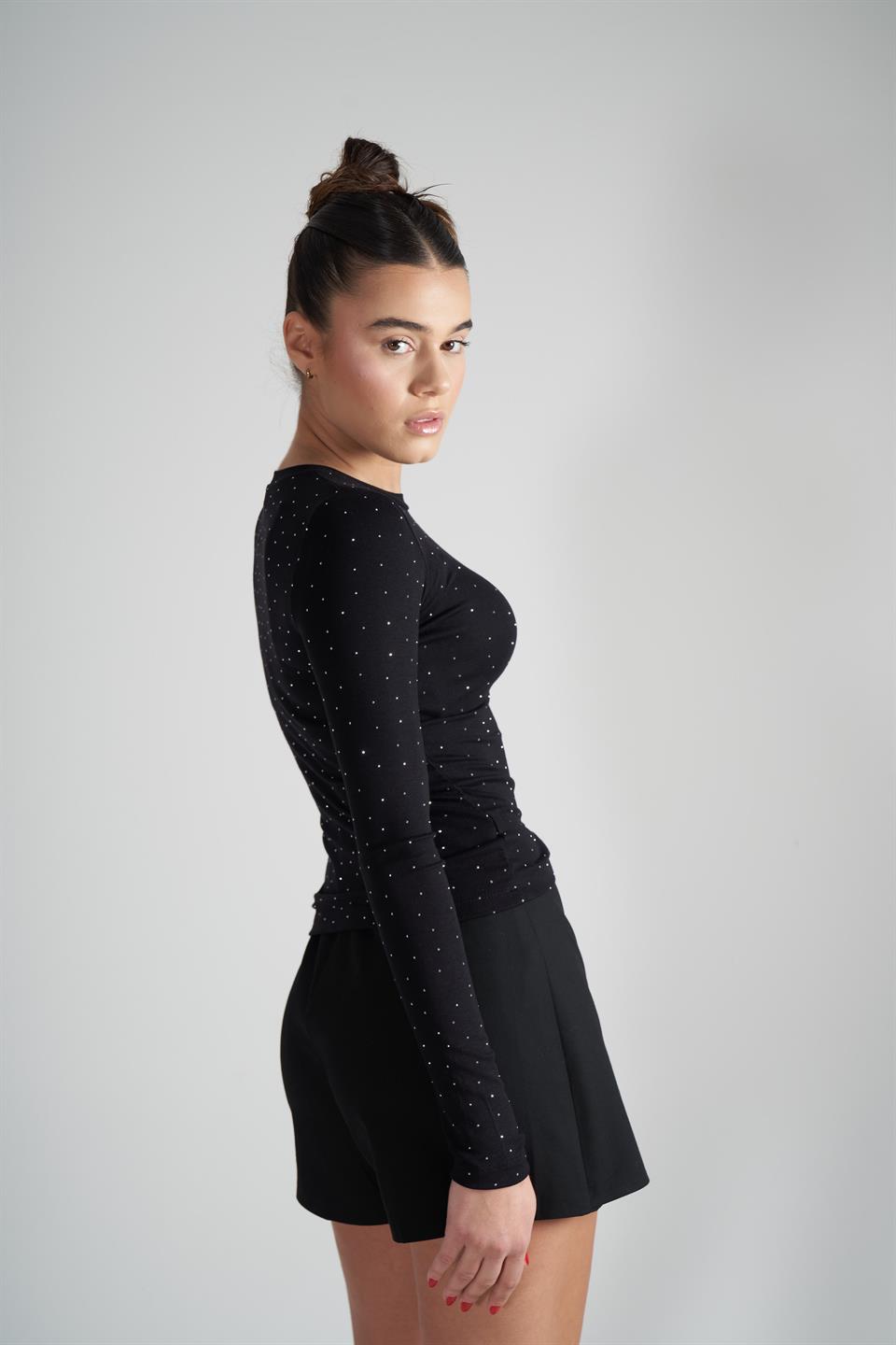 Taş Detaylı Uzun Kol Ribana Bluz Siyah