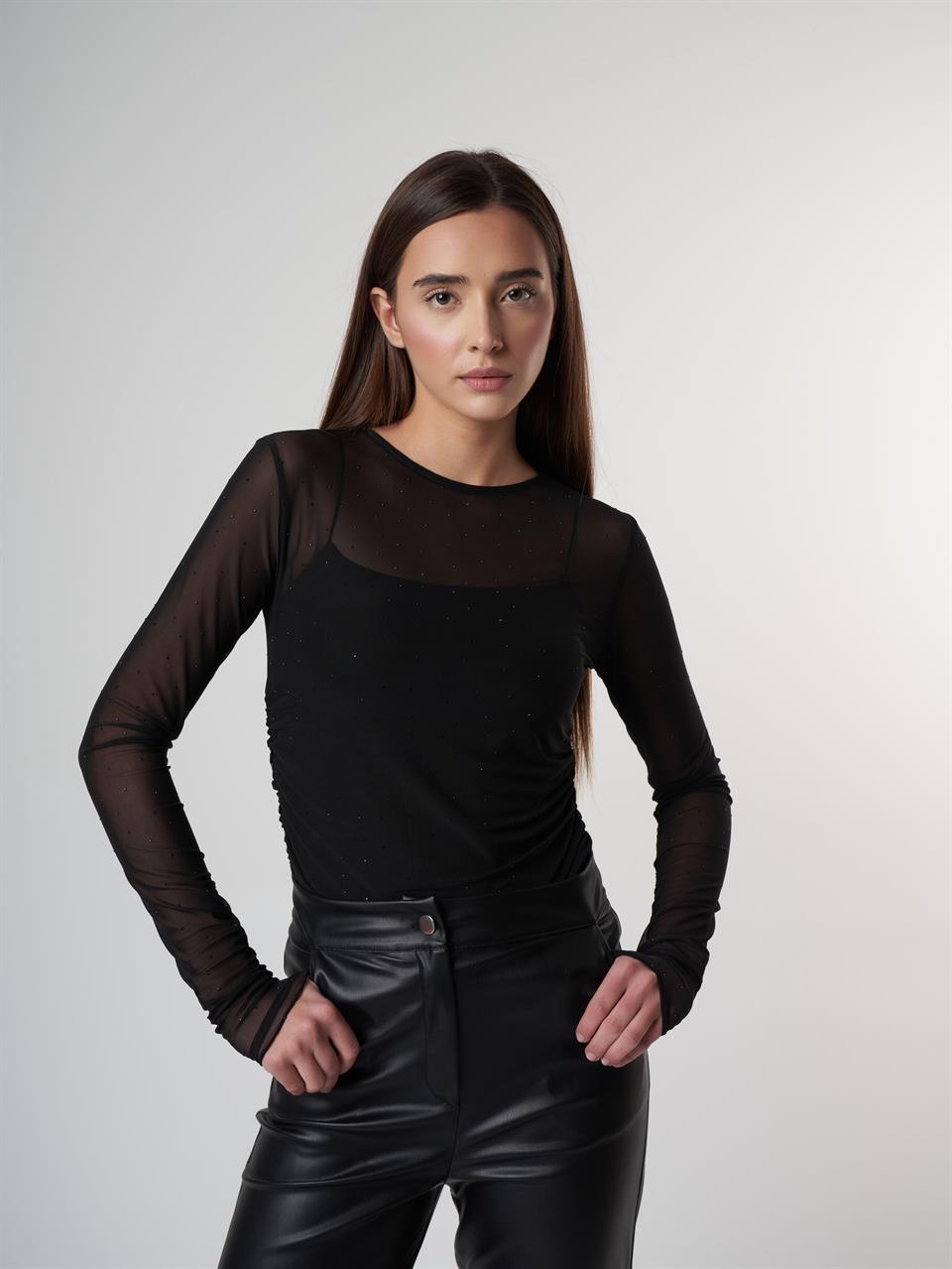 Taş Detaylı Uzun Kol Tül Bluz Siyah