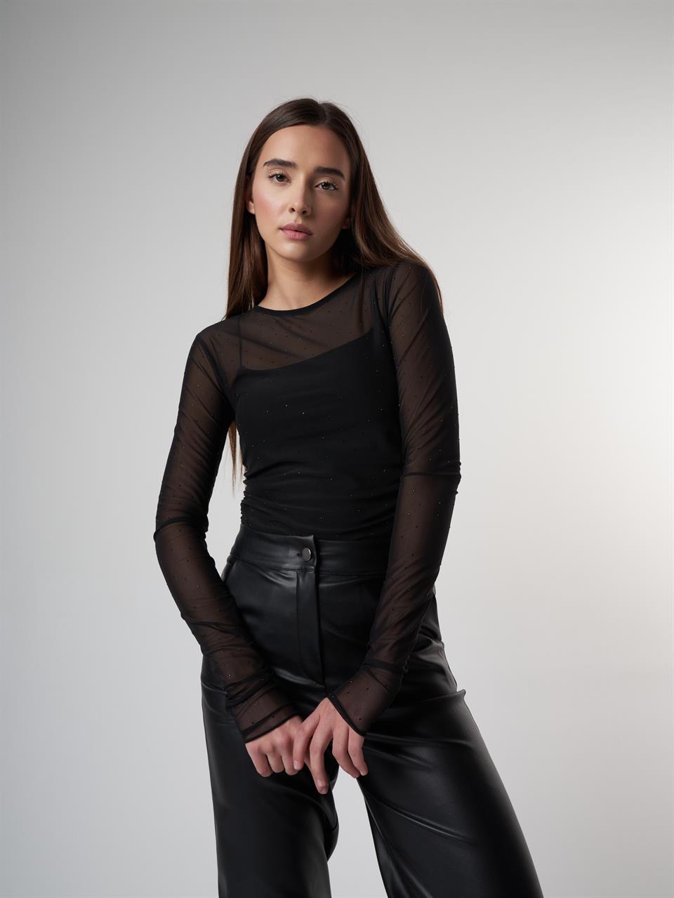 Taş Detaylı Uzun Kol Tül Bluz Siyah