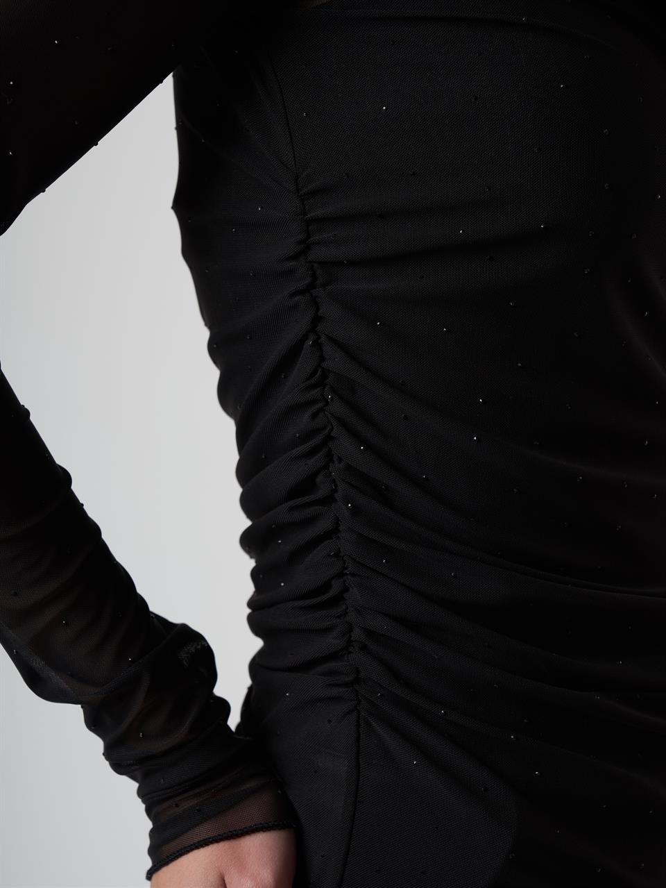 Taş Detaylı Uzun Kol Tül Bluz Siyah