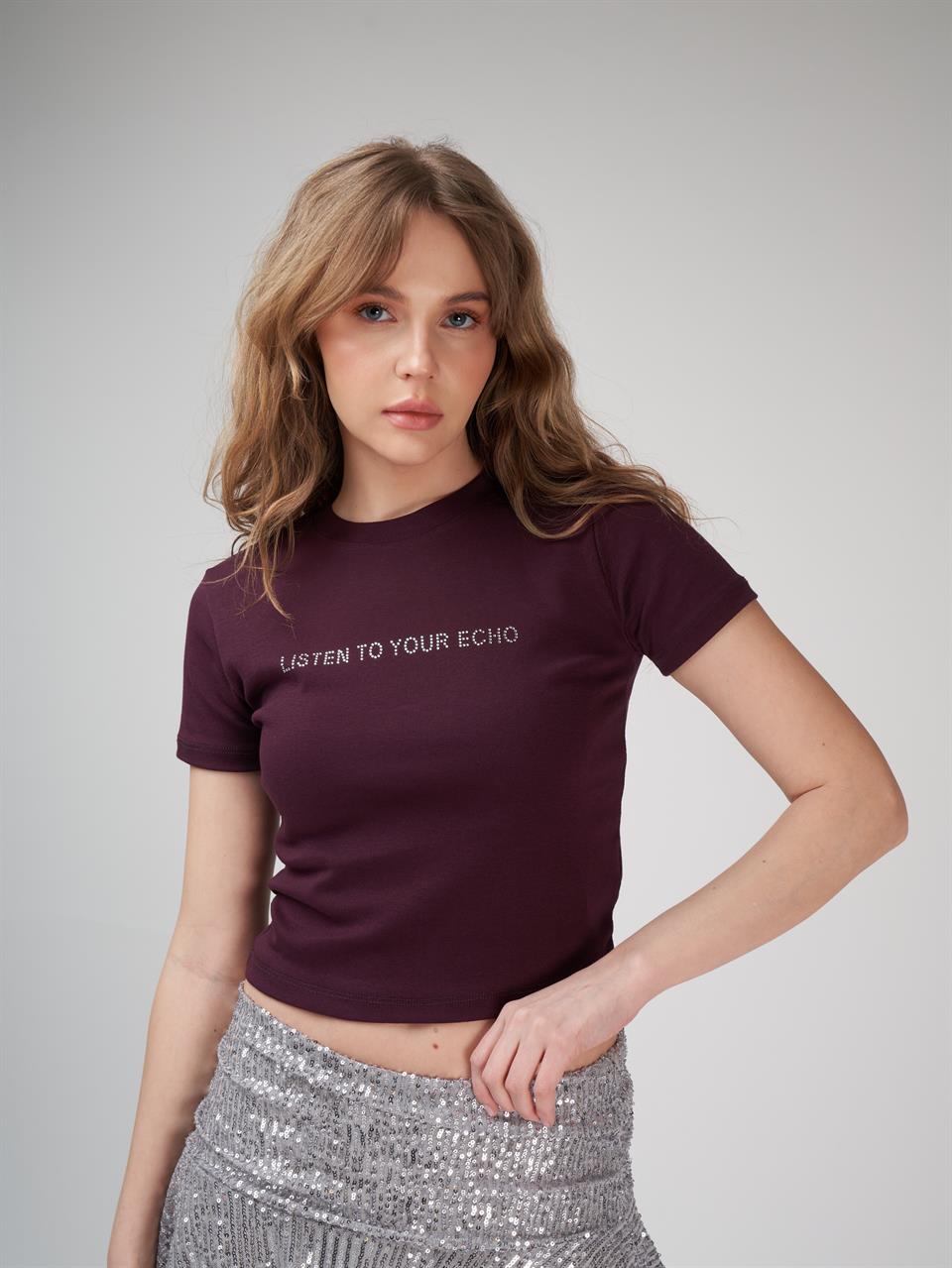 Taş İşleme Kısa Kol Bluz Mürdüm