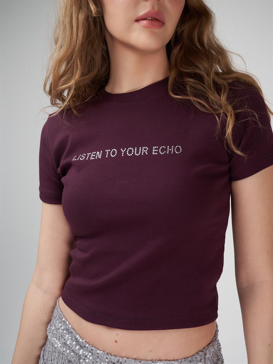 Taş İşleme Kısa Kol Bluz Mürdüm