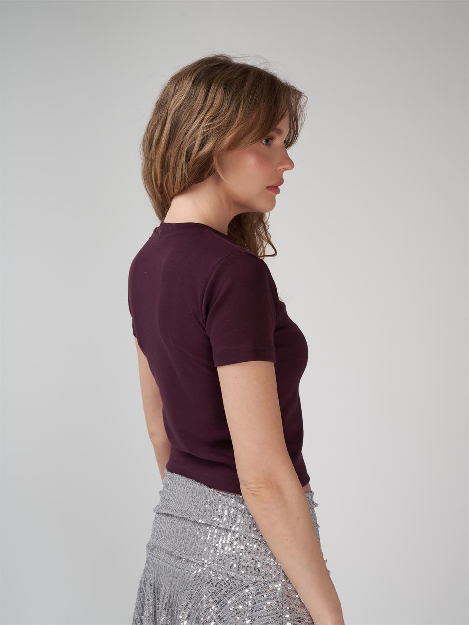 Taş İşleme Kısa Kol Bluz Mürdüm