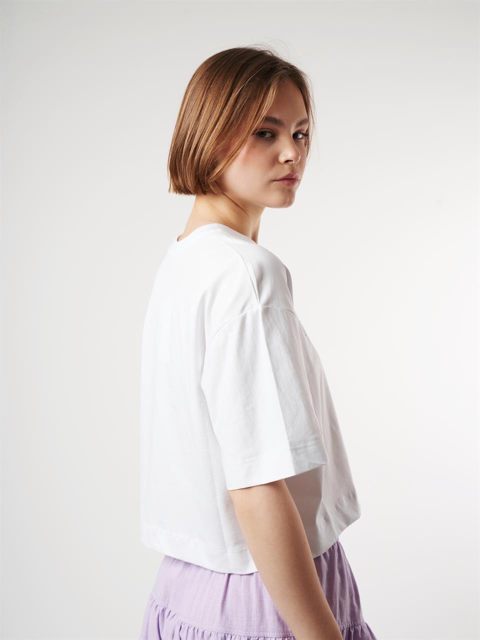 Taş İşleme Kısa Kol T-shirt Beyaz