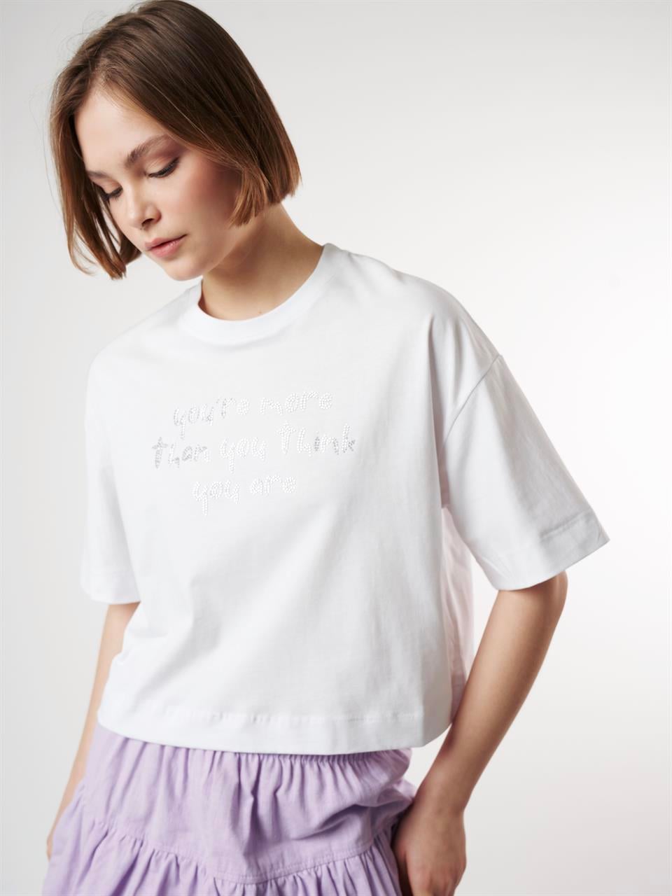 Taş İşleme Kısa Kol T-shirt Beyaz