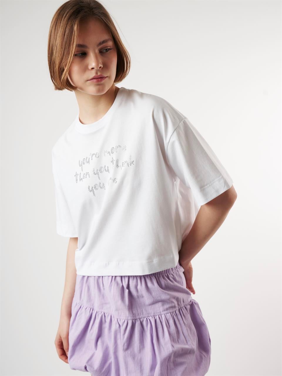 Taş İşleme Kısa Kol T-shirt Beyaz