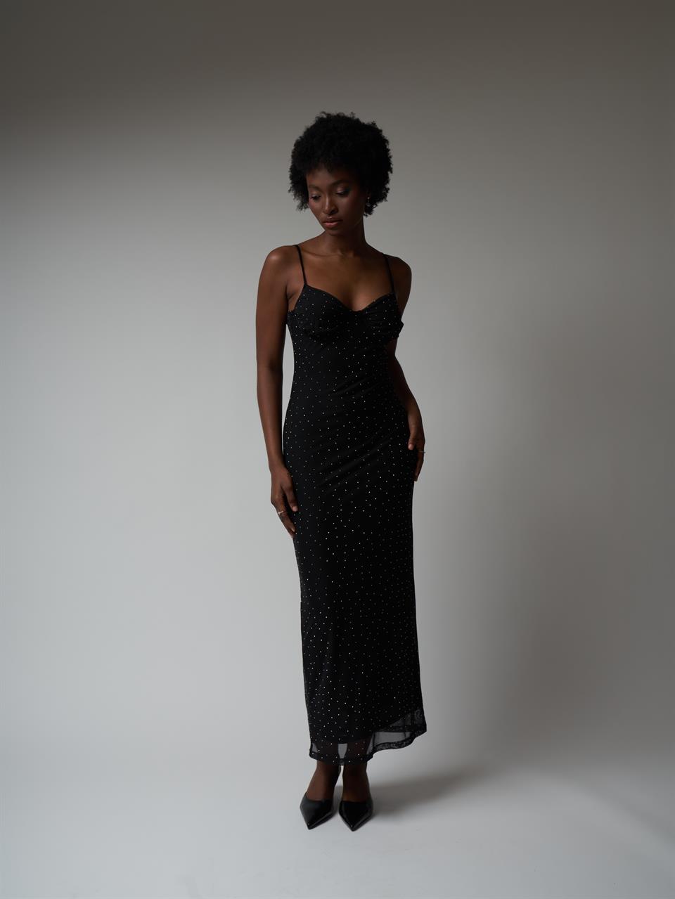 Taşlı Tül Uzun Elbise Siyah