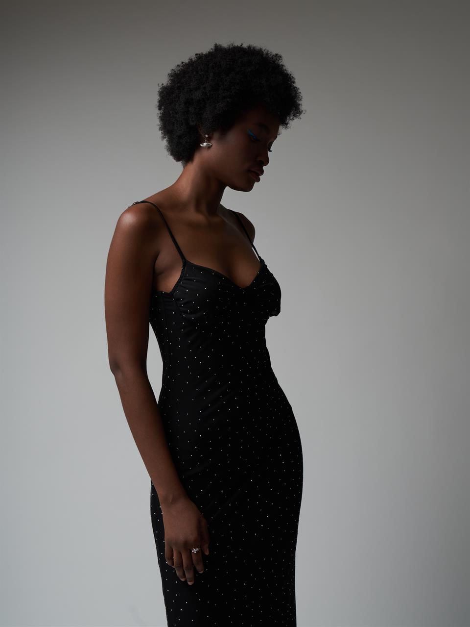 Taşlı Tül Uzun Elbise Siyah