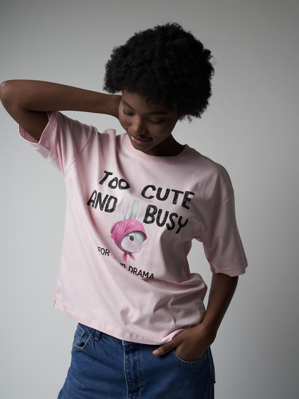 Baskılı Kısa Kol T-shirt Toz Pembe
